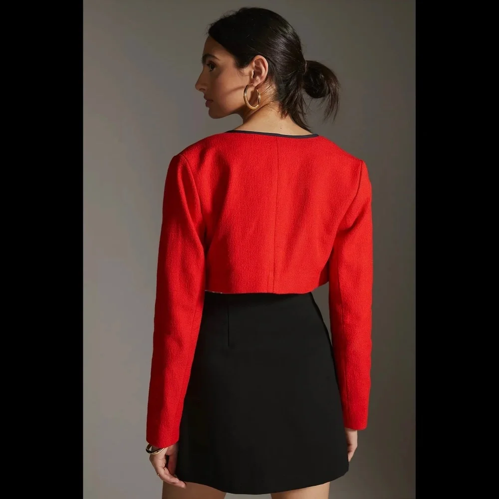 Anthropologie Red Maeve Cropped Shrunken Tweed Jacket Blazer - Picture 2 of 16